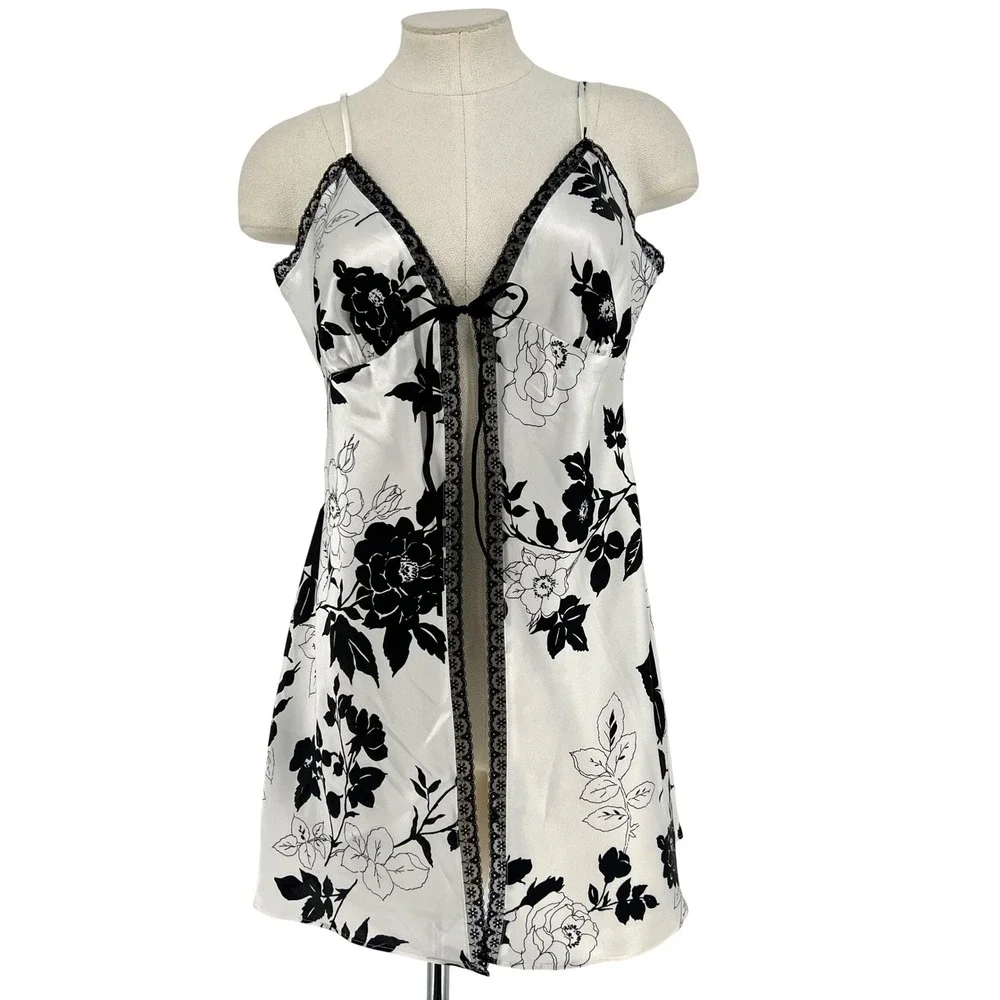 Victorias Secret‎ '07 Y2K Satin Floral Lace Trim Cami Dress L Black White fairy